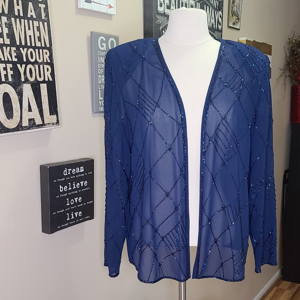 R & M richards by Karen Kwong sheer beaded cardigan navy blue size 14p